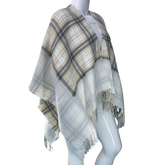 J Jill Womens One Size Poncho Sweater Wrap Plaid Acrylic Fringe Neutral Soft - Picture 10 of 14
